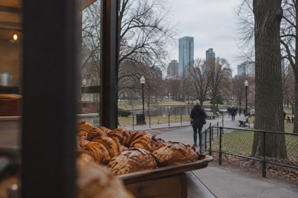 A tray of fresh croissants and pastries on a bakery counter in morning light
