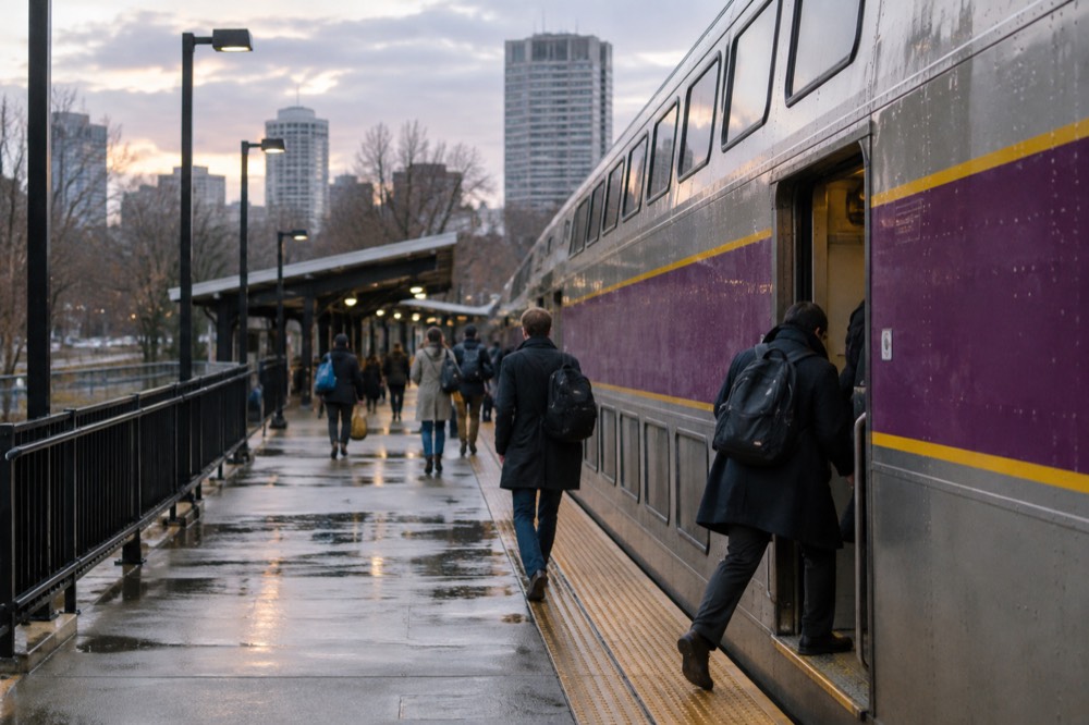 Commuters boarding a double-decker commuter rail train at a suburban station