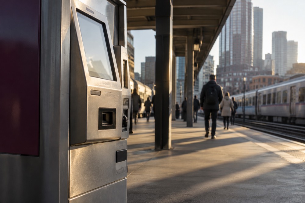 A commuter rail ticket machine at a downtown Boston station