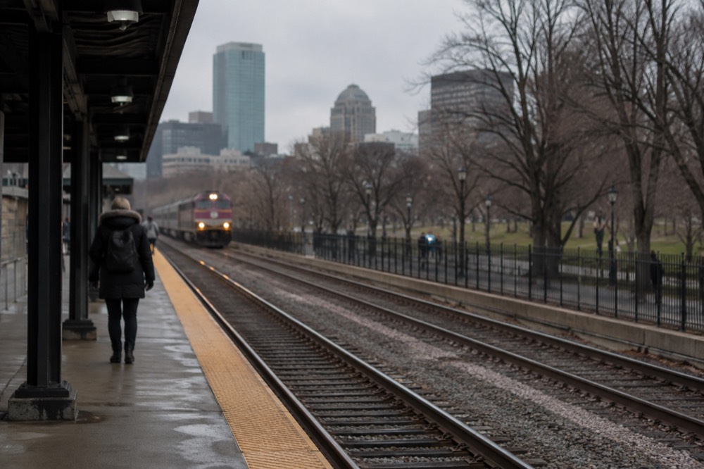 An MBTA commuter rail platform with a station sign in a Boston neighborhood