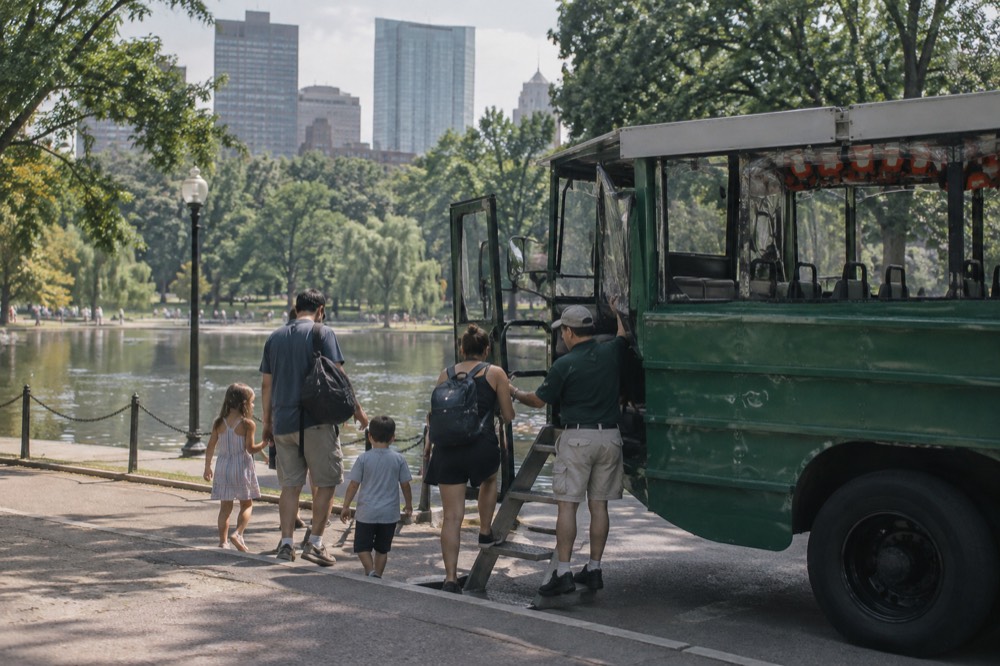 A family boarding a duck boat at a Boston departure point while the driver-guide holds the door