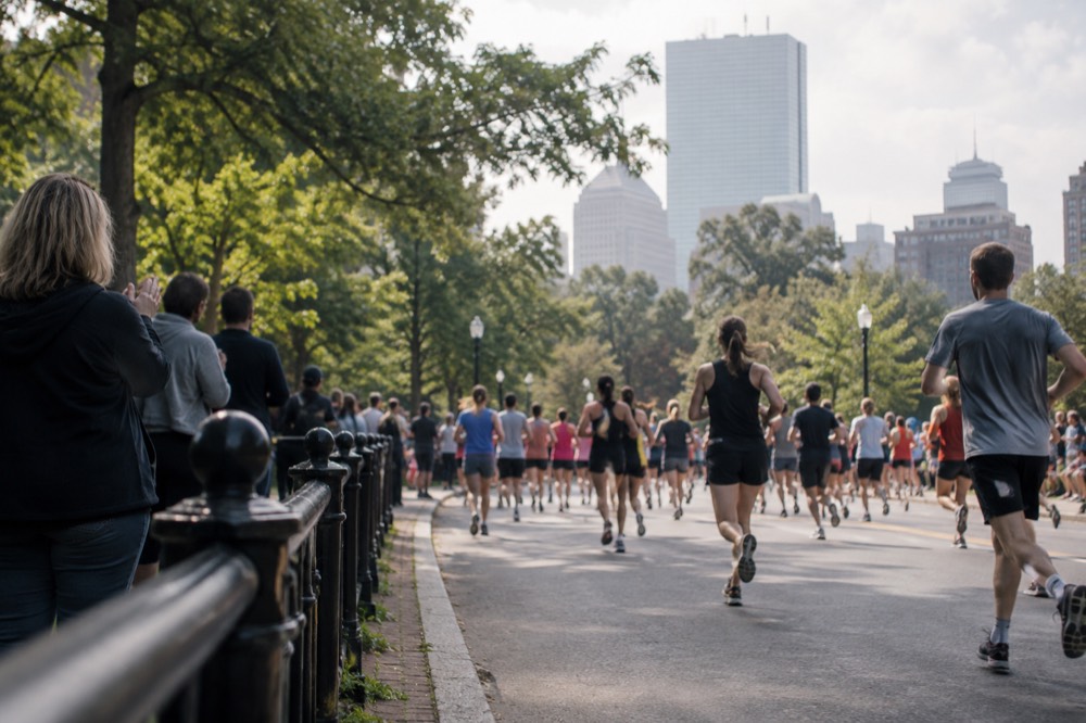 Runners and spectators along a crowded city street race route