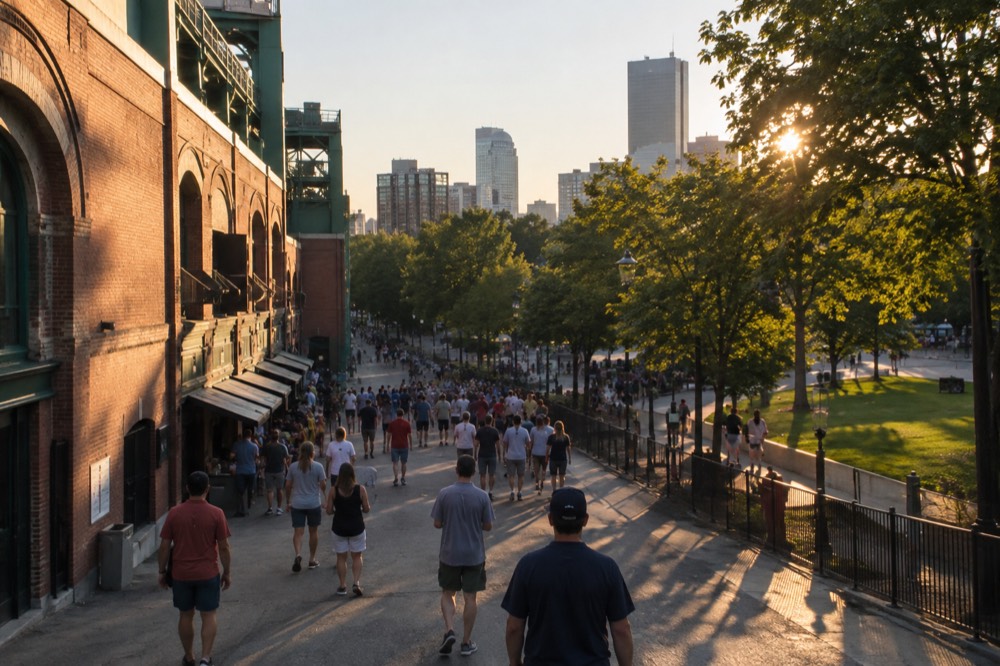 Baseball fans gathered outside a historic brick ballpark on a summer evening
