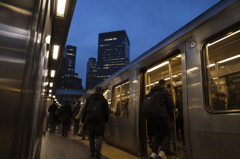 Commuters boarding a subway train at a busy downtown Boston station