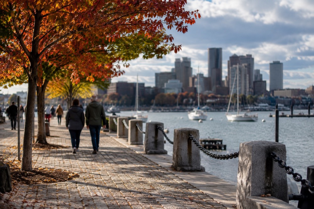 Fall foliage colors along the Boston waterfront in October