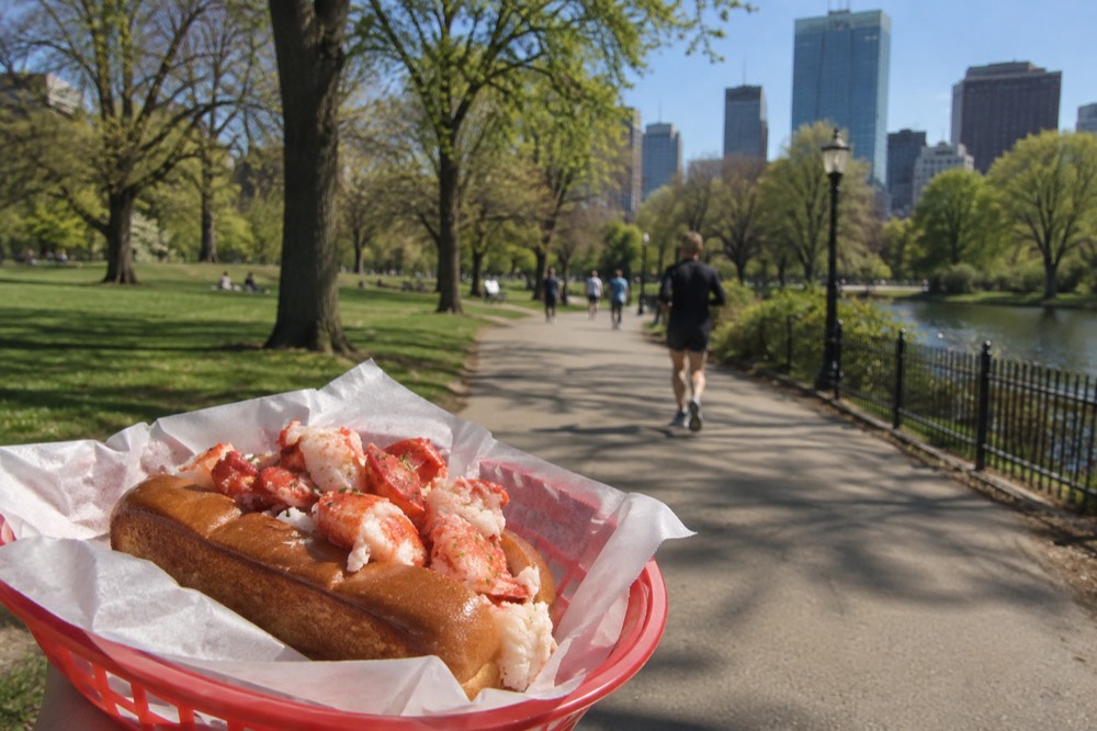 A lobster roll in a toasted top-split bun served on a paper-lined basket