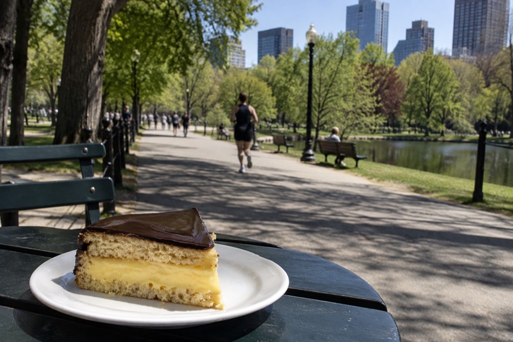 A slice of Boston cream pie with yellow custard filling and chocolate glaze on a plate