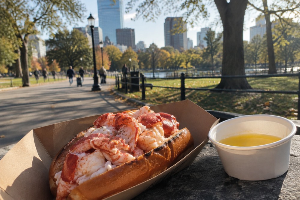 Fresh lobster meat piled into a grilled top-split bun beside a cup of melted butter