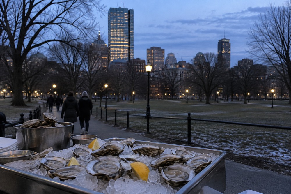 A raw bar display of fresh oysters on crushed ice with lemon wedges
