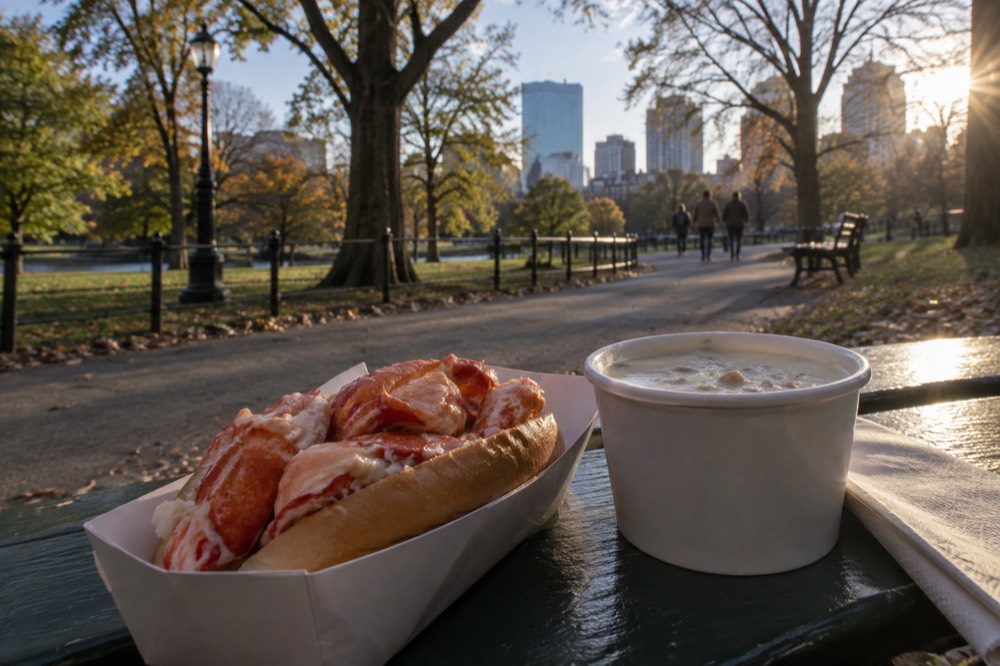 A fresh lobster roll on a paper tray beside a paper cup of clam chowder at a Boston seafood counter