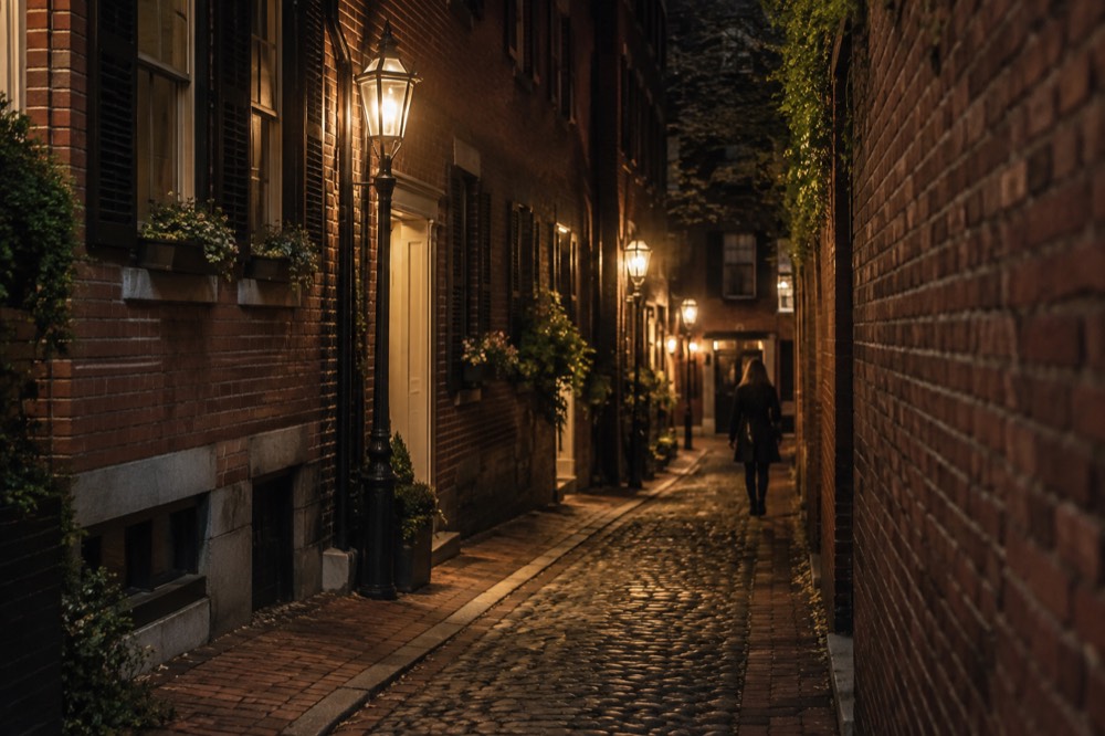 A narrow gaslit alley between old brick buildings in Beacon Hill at night