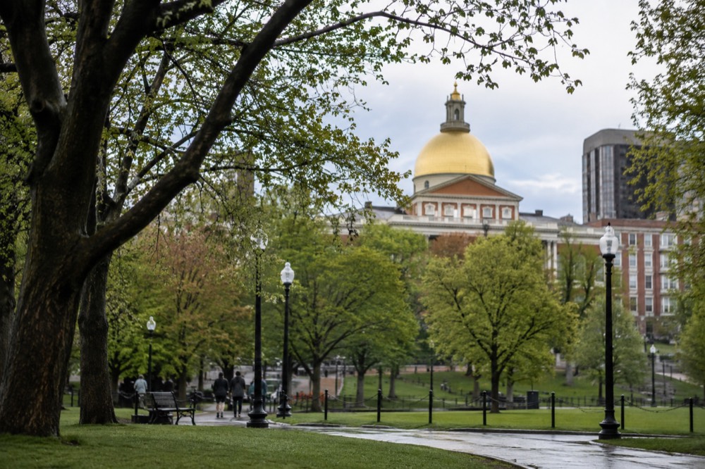 The gilded dome of the Massachusetts State House seen from Boston Common