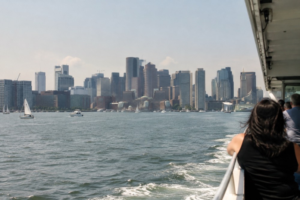 A sightseeing boat passing the Boston waterfront on a clear afternoon