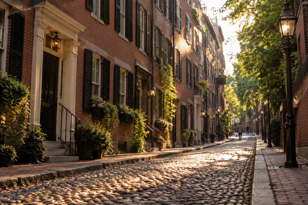 Rowhouses on a narrow Beacon Hill street lit by morning sun