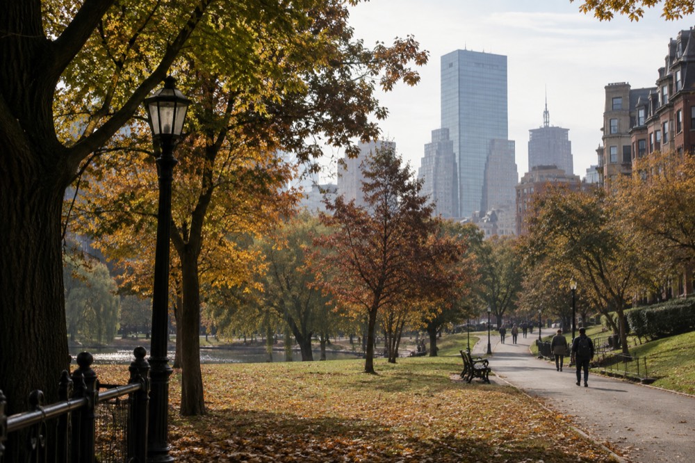 Fall leaves on a historic Boston street with brick townhouses