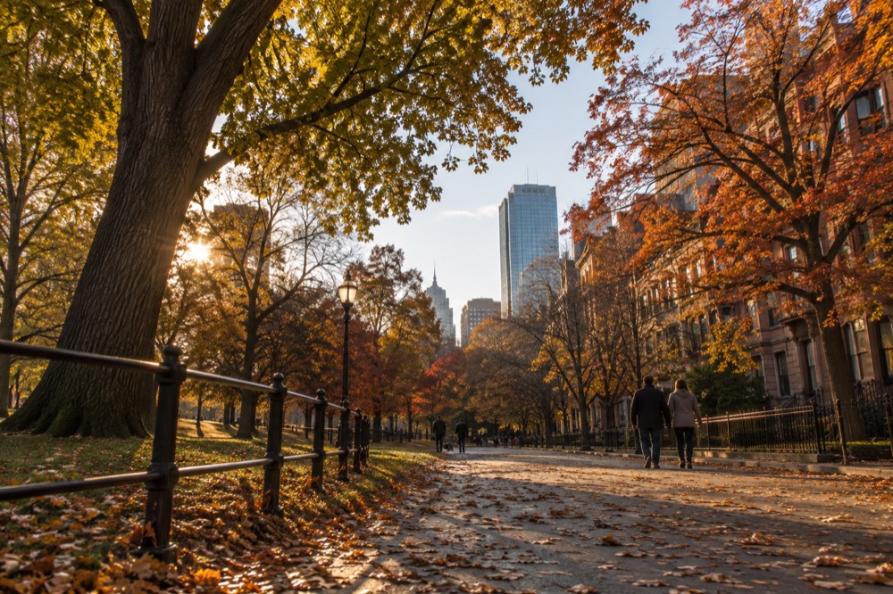 Autumn trees framing a brownstone street in Boston with fallen leaves on the sidewalk