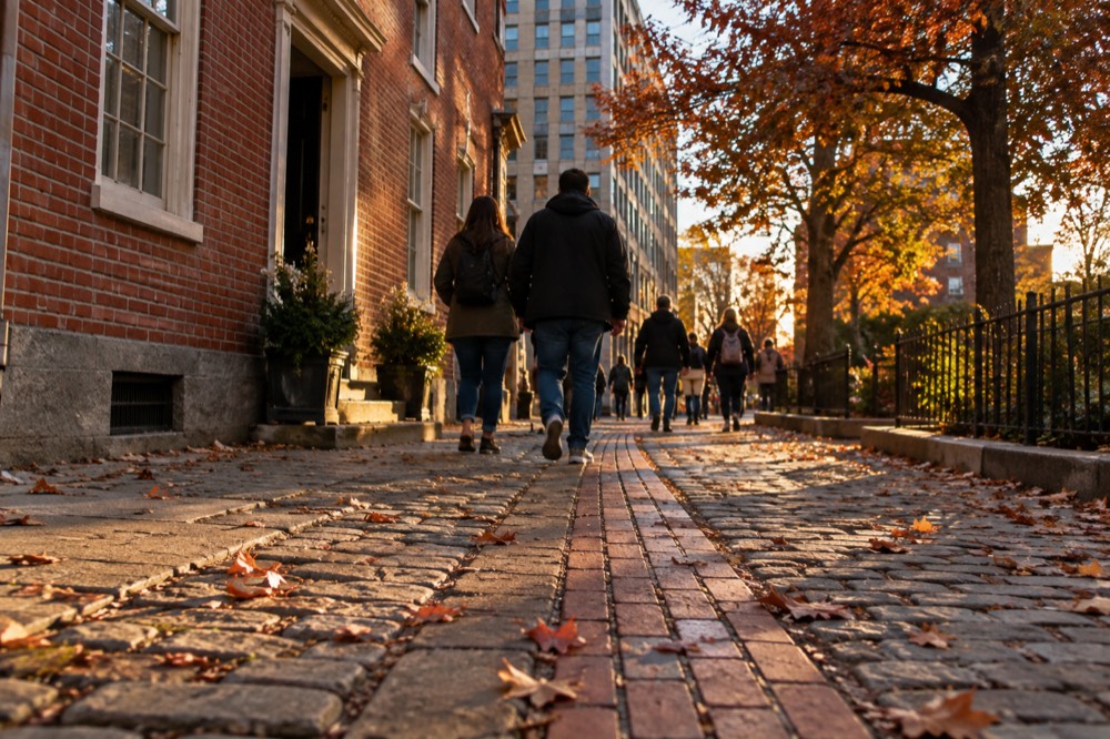 Visitors walking the Freedom Trail red line past a historic brick building in autumn