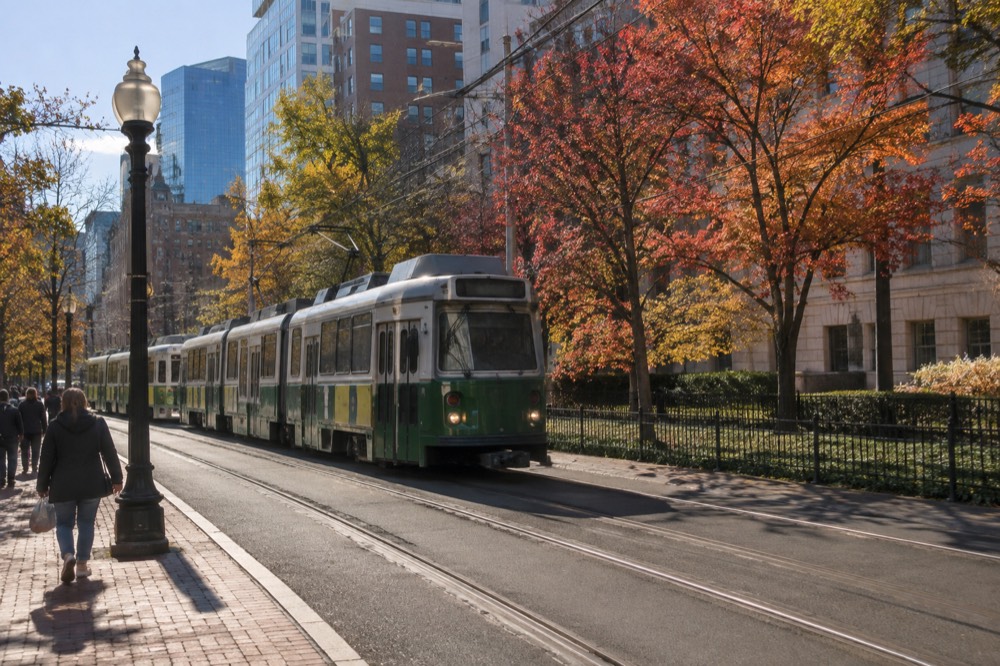 A Green Line trolley passing autumn trees near a Boston street corner
