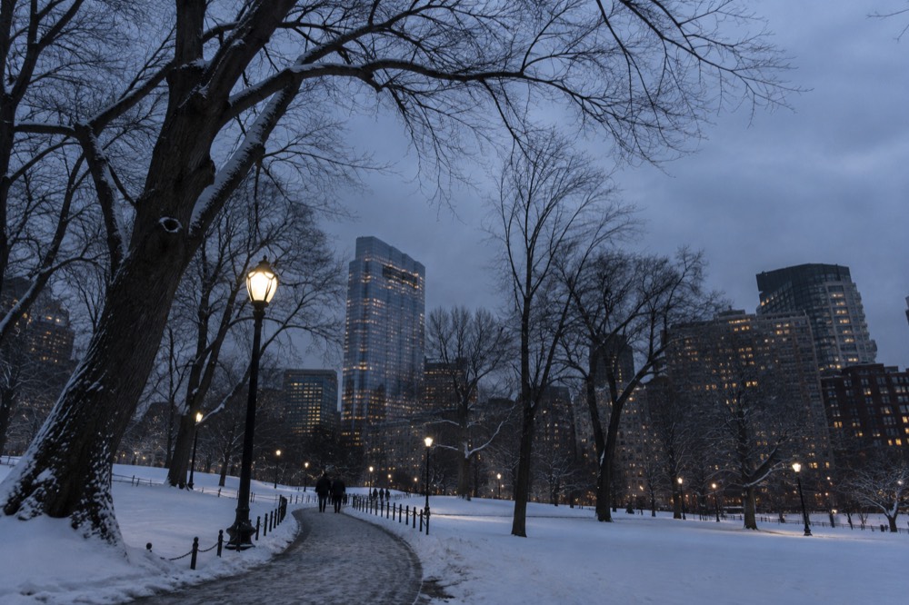Snow-covered Boston Common with bare trees and city buildings in the background under a gray winter sky