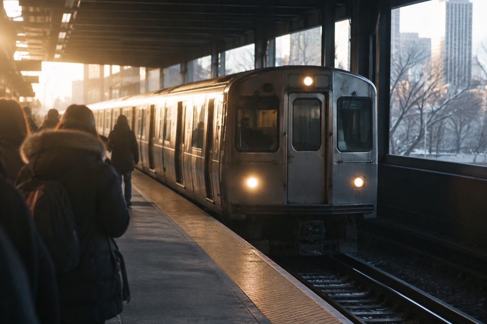 A silver subway train arriving at an indoor MBTA station platform in winter