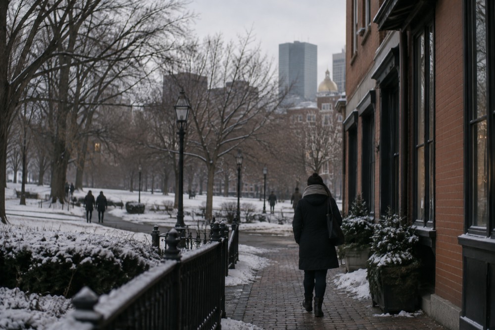 A person in a winter coat and scarf walking past a snow-dusted brick row of shops