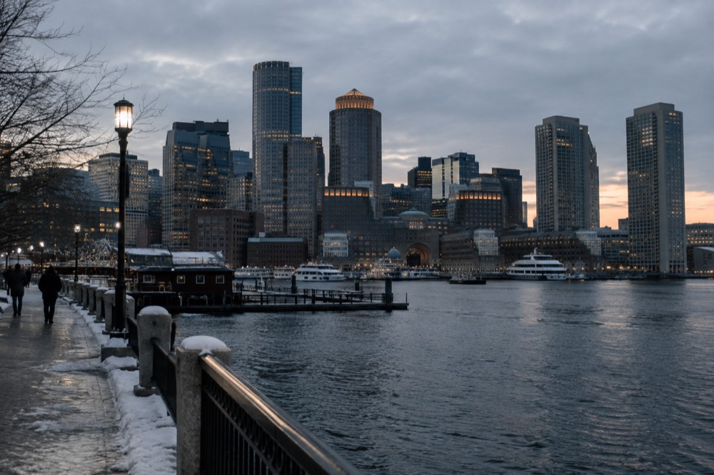 The Boston skyline at dusk with the harbor in the foreground and a thin line of snow along the waterfront railings