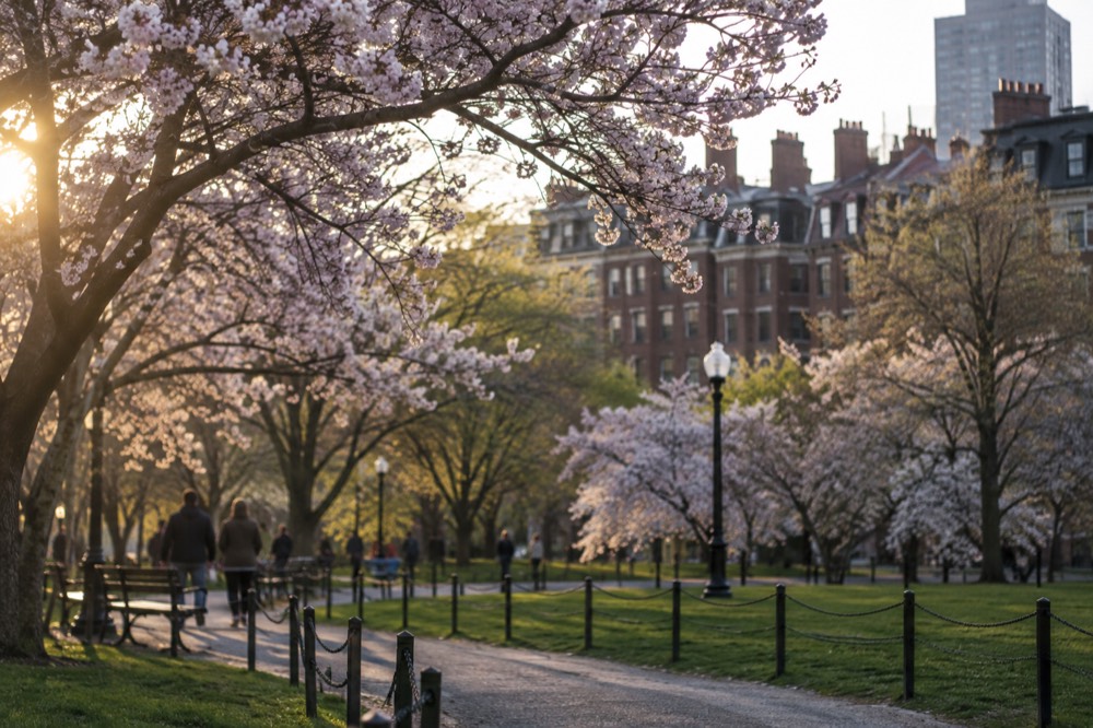 Cherry trees blooming along a park pathway with Boston brownstone buildings behind them