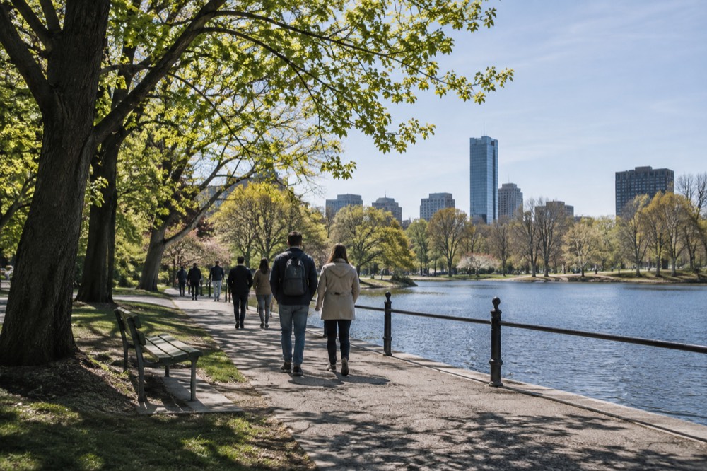 People walking along a waterfront promenade in light jackets on a bright spring day