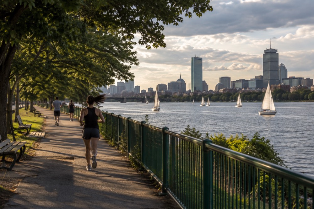 Sailboats on the Charles River with the Boston skyline in warm evening light