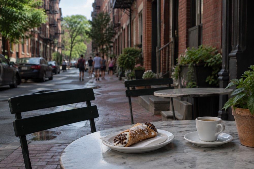 A cannoli and espresso on a cafe table in the North End