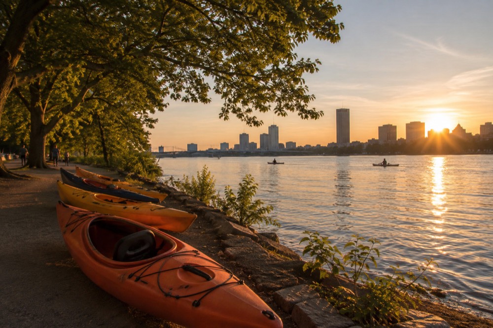 Kayaks resting on the Charles River esplanade at sunset