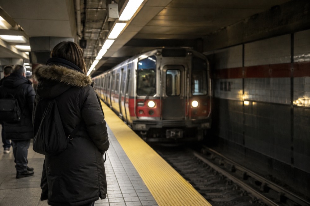 A subway train arriving at an underground platform with a few passengers waiting