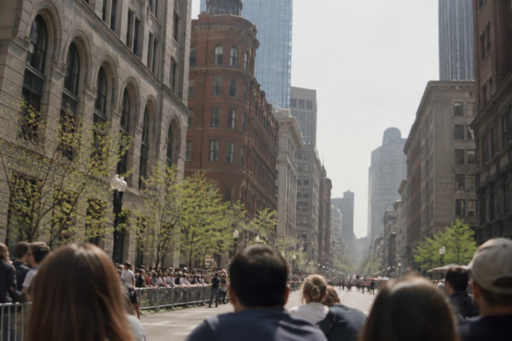 Crowds line a barricaded street in downtown Boston on a spring morning