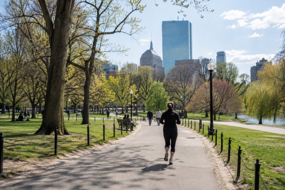 A runner crests a hill while spectators line both sides of a suburban road