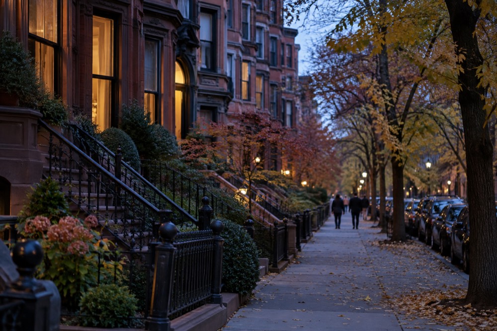 Row houses along a tree-lined Back Bay street with spring foliage
