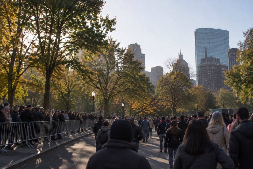 A wide city street closed to traffic with barricades and dense crowds of onlookers