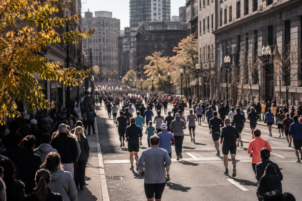 Late afternoon light on a packed street as the last runners and spectators fill a downtown avenue