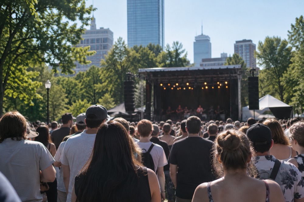 A concert crowd facing a lit stage in a small music venue