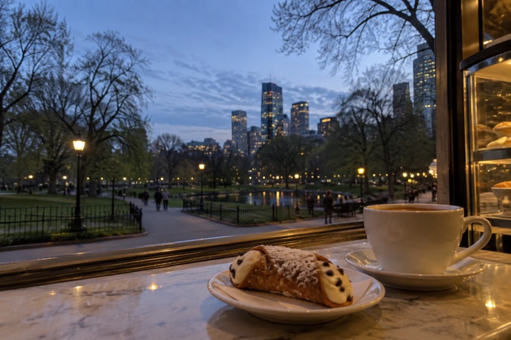 A cannoli and a cup of coffee on a counter in a small North End pastry shop