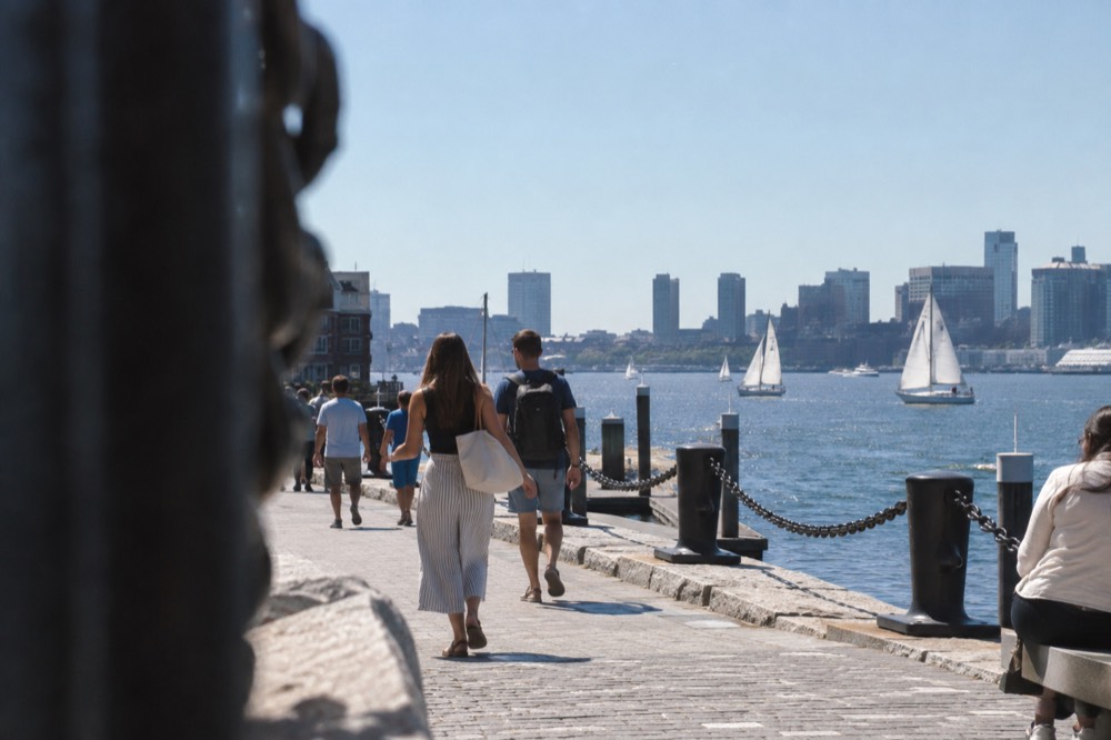 People strolling along the Boston Harborwalk with sailboats on the water behind them