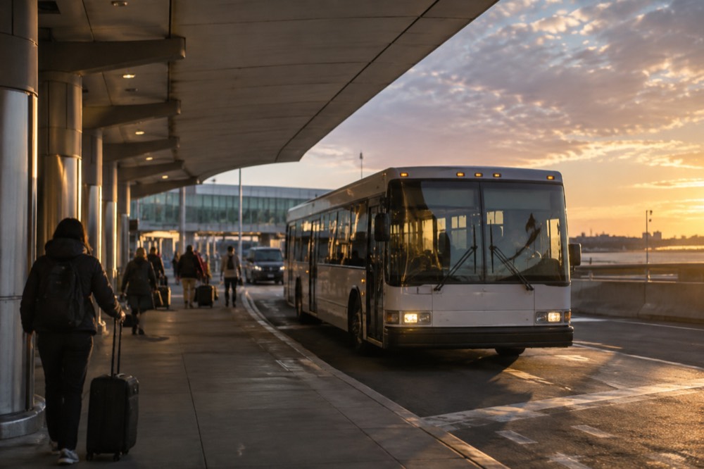 An airport shuttle bus pulling up to a curb outside a Logan Airport terminal