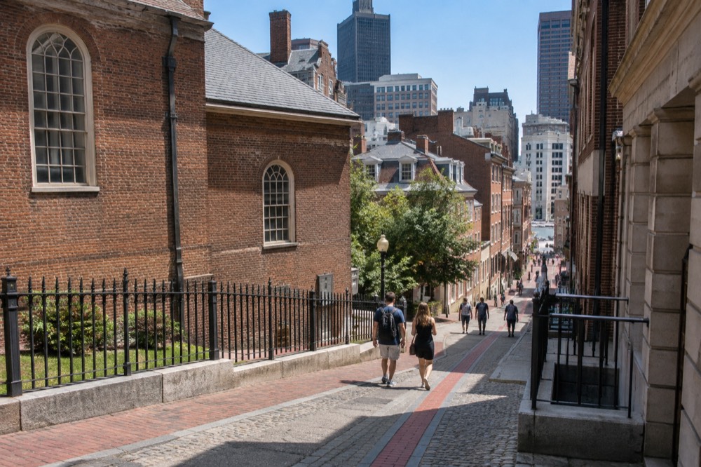 Visitors walking along the Freedom Trail red line past historic brick buildings in Boston