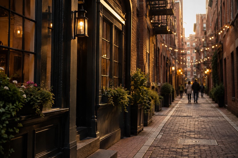Narrow brick alley in the North End with strung lights and old storefronts in evening light