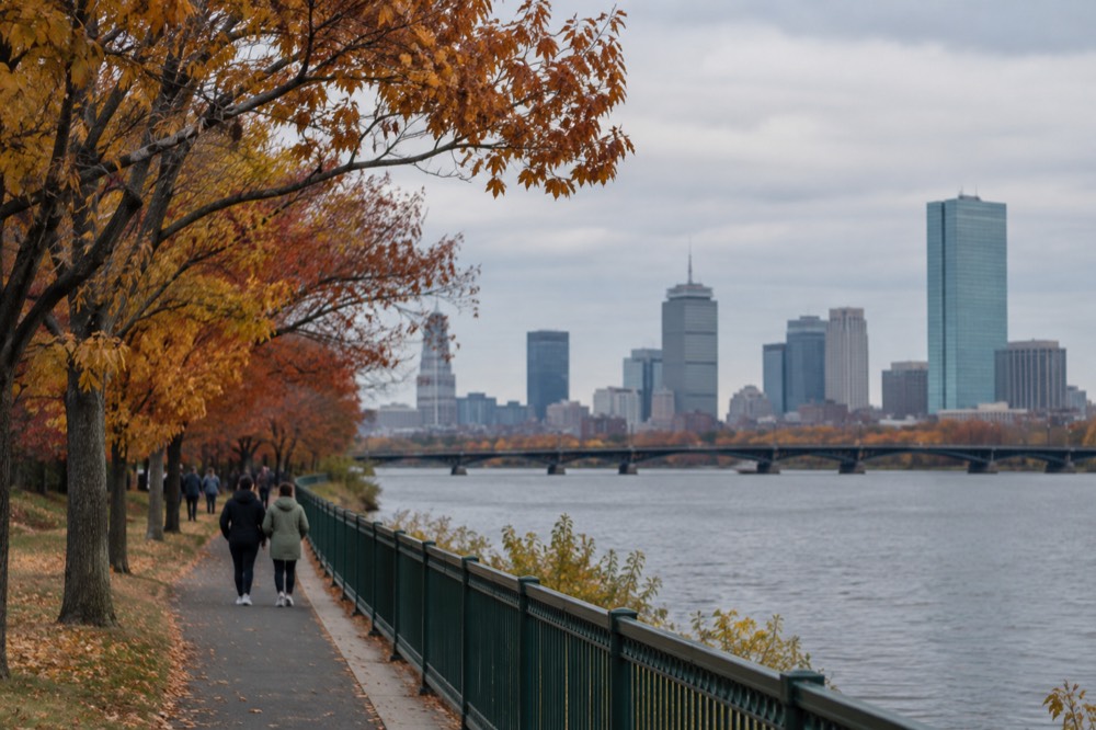 Fall foliage along the Charles River Esplanade with the Back Bay skyline behind golden trees