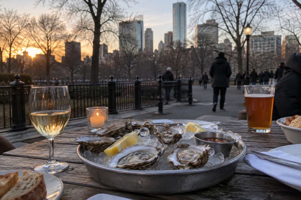 Fresh oysters on ice with lemon wedges and mignonette sauce at a raw bar