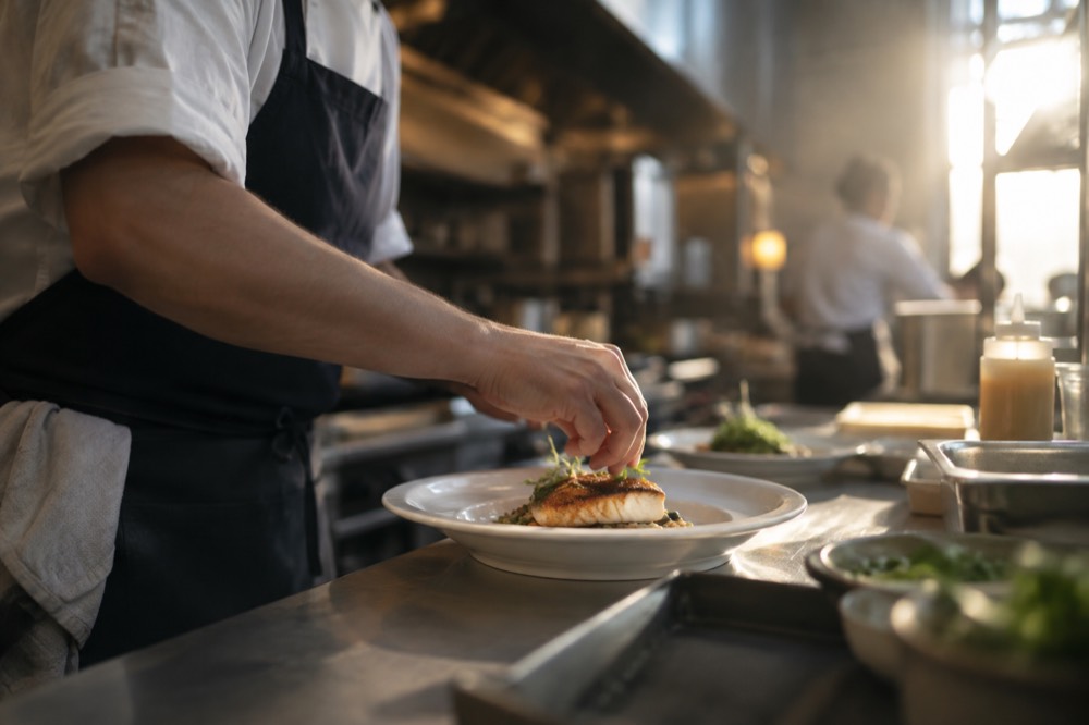 A chef plating fresh fish behind a restaurant counter in a Boston kitchen