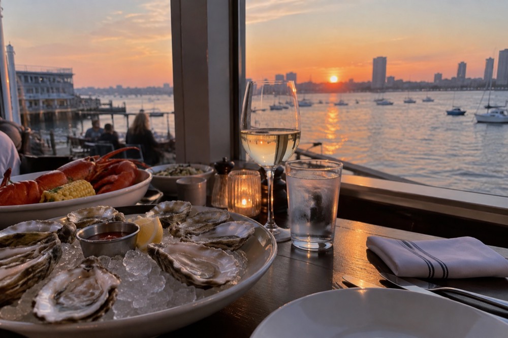 A dining table by a window overlooking Boston harbor at sunset with plates of seafood