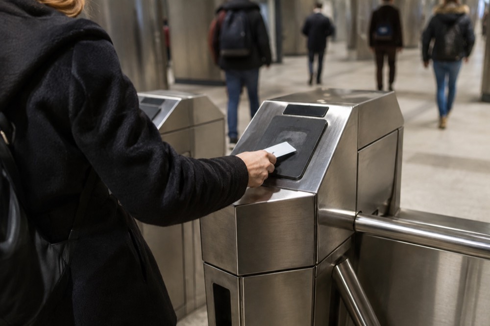 A fare machine at a Boston subway station with a rider tapping a card