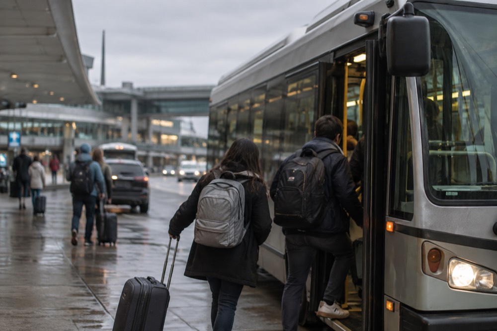 A Silver Line bus at a Logan Airport terminal curb with travelers boarding
