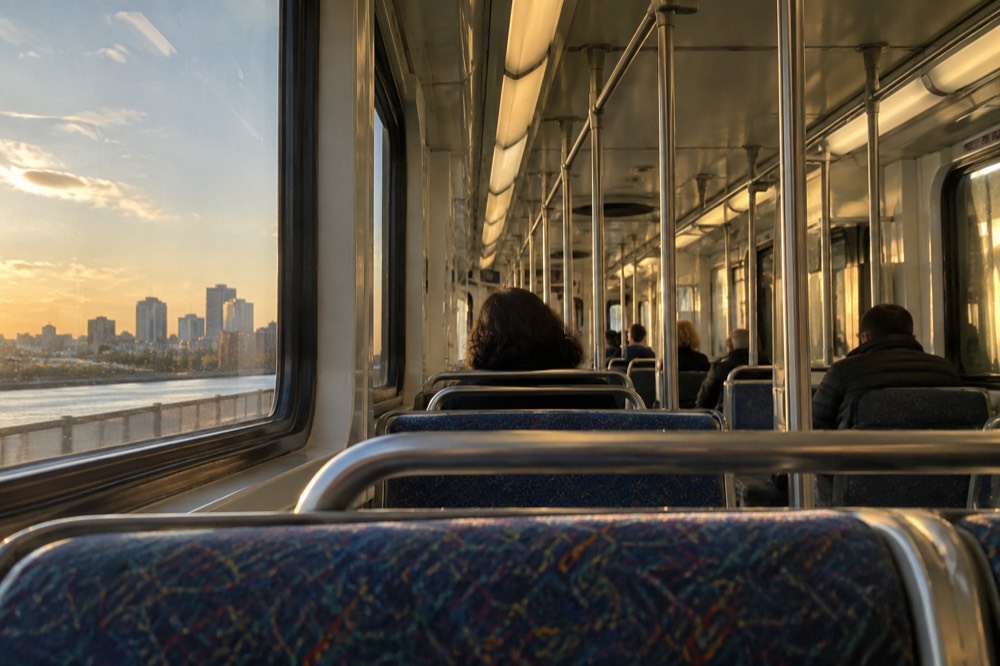 The interior of a Boston subway car with riders seated and stations listed overhead
